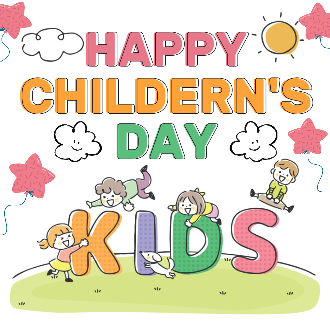 Dia das Crianças Pôster Criativo Saudação Instagram Post Branco Verde Amarelo Rosa Desenho animado