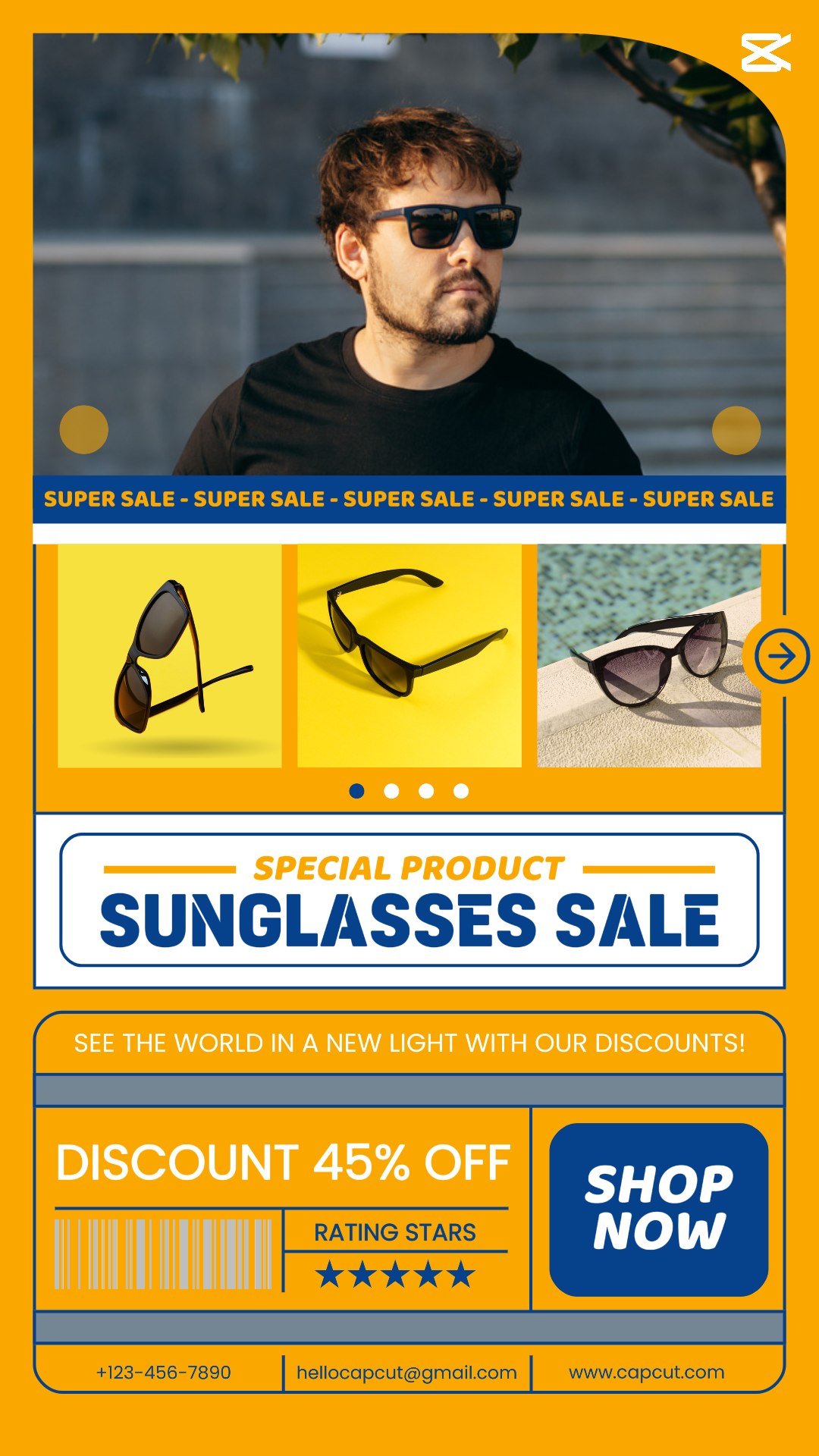 Jóias e Acessórios Marketing Poster Desconto Óculos de Sol Venda Instagram Story Amarelo Azul