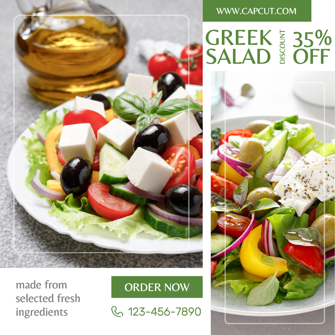 Publicación en las redes sociales de promoción de comida de ensalada griega