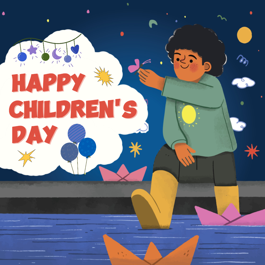 Children's Day Creative Poster Greeting Instagram Post Blue Purple Yellow Color Cartoon