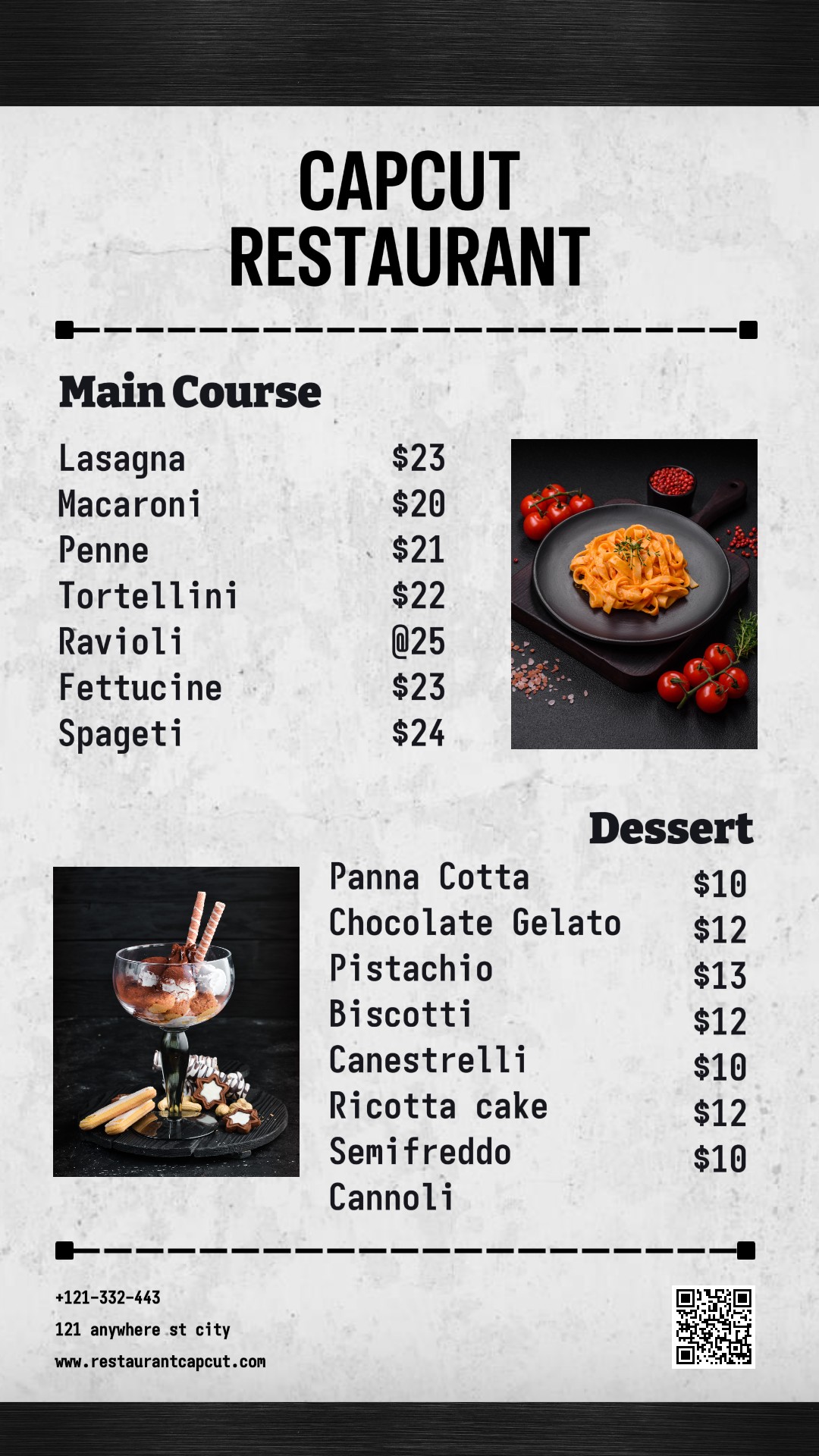 Menú de restaurante de alimentos y bebidas para la historia de Instagram