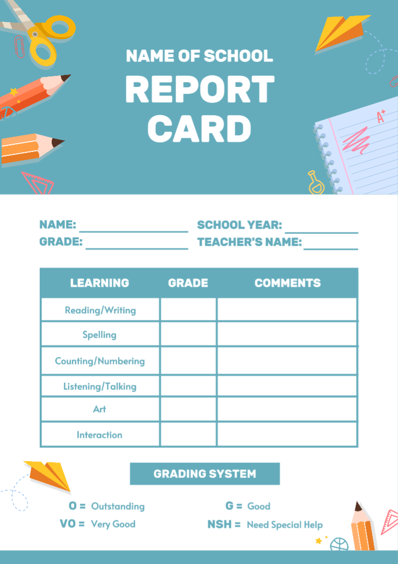Non-Marketing Report Card for Kids Blue White Cute