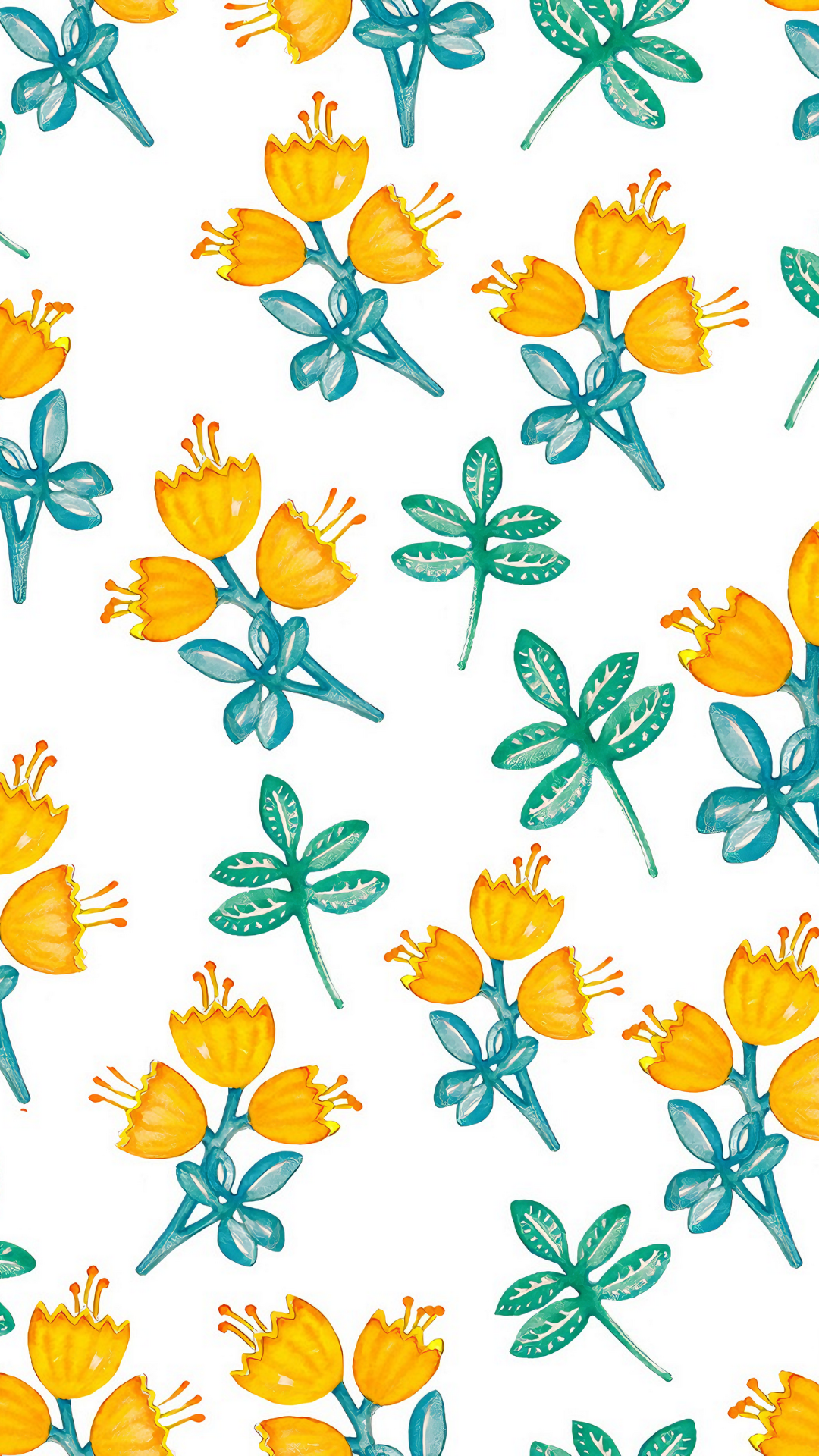 Wallpaper Bunga Kuning Putih Hijau Ilustrasi Watercolor Kartun