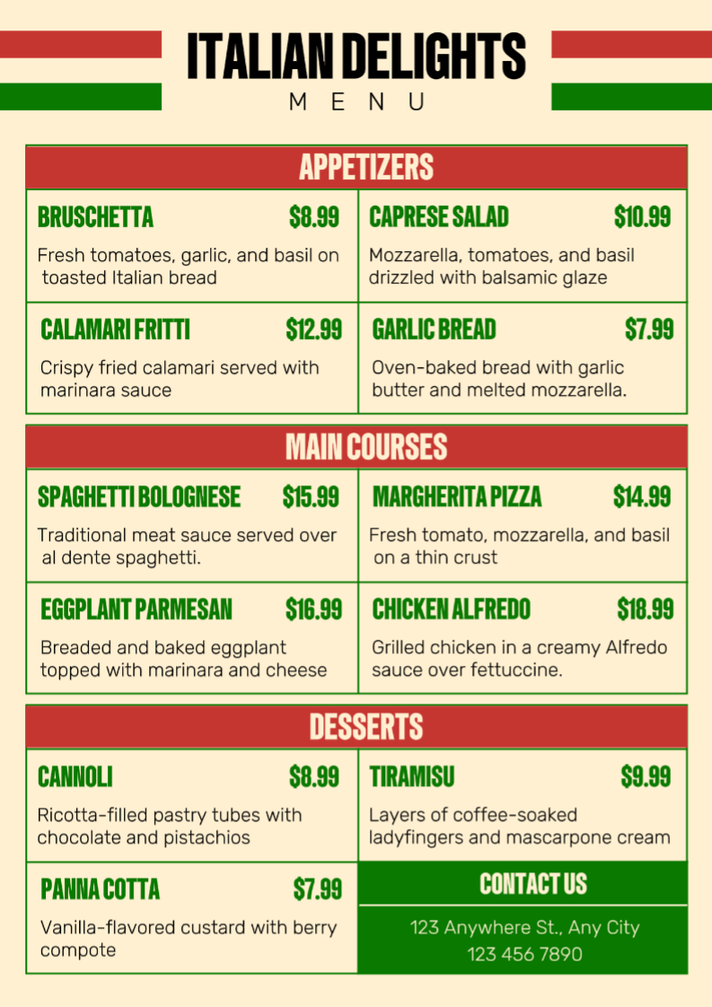 Menu italien Liste des prix Drapeau coloré simple