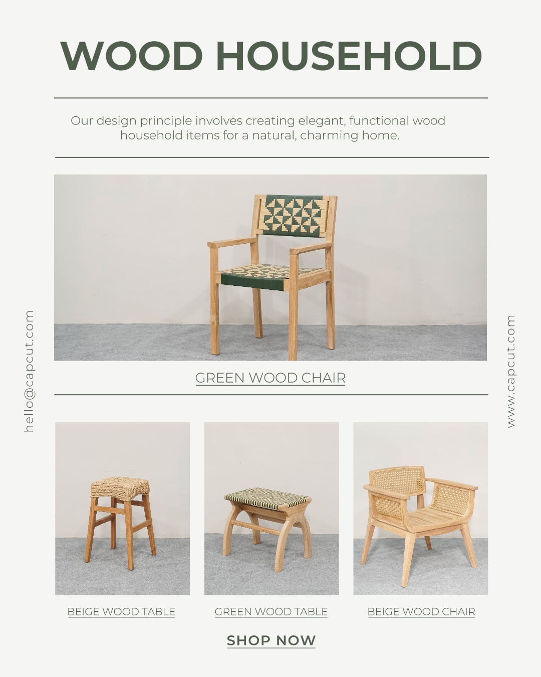 Comercialización de la colección doméstica Retrato de Instagram Interior de madera verde y beige