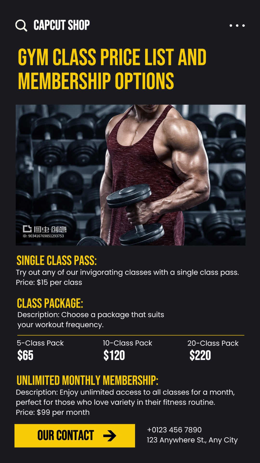 Workout and Fitness Gym Class Pricelist Instagram Story Yellow Modern