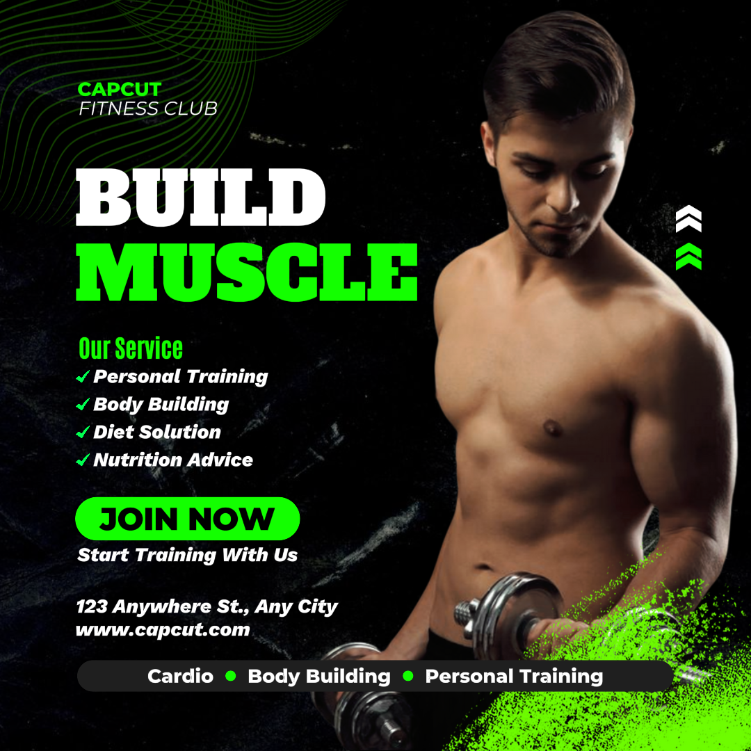 Póster de marketing de entrenamiento y fitness Construir músculo Empezar a entrenar Con Nosotros Instagram Publicar verde