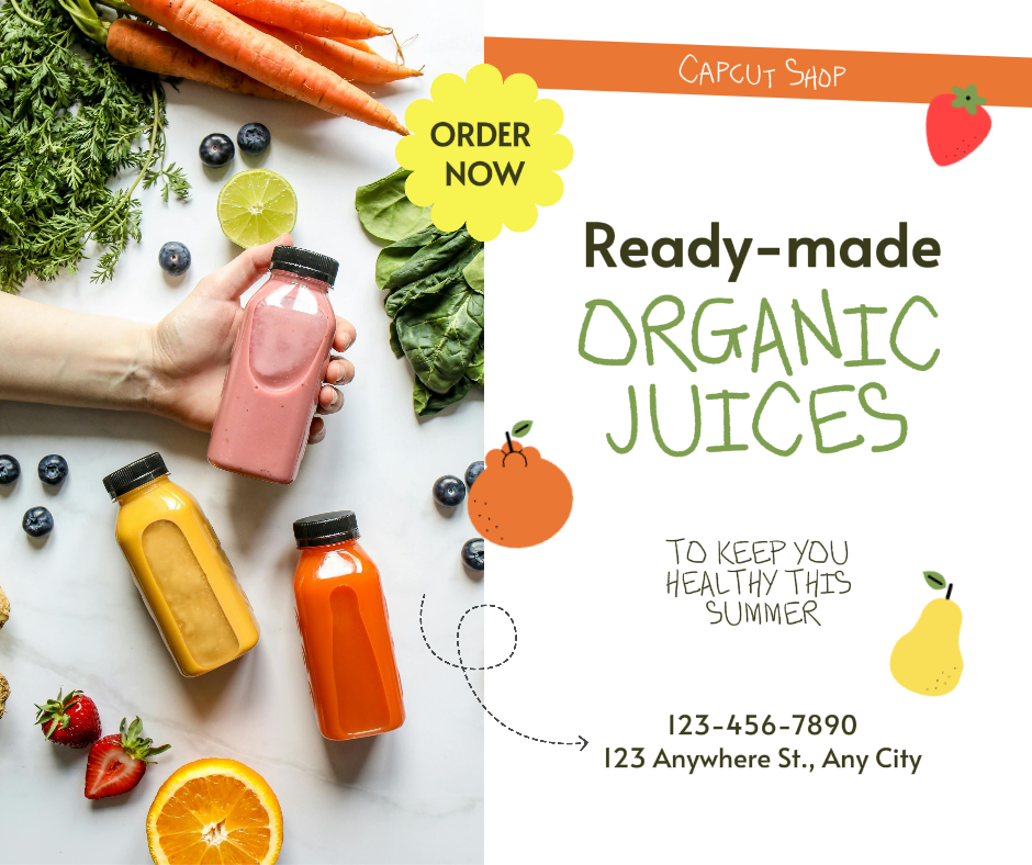 Boisson jus biologique Facebook Post jaune, orange et vert mignon