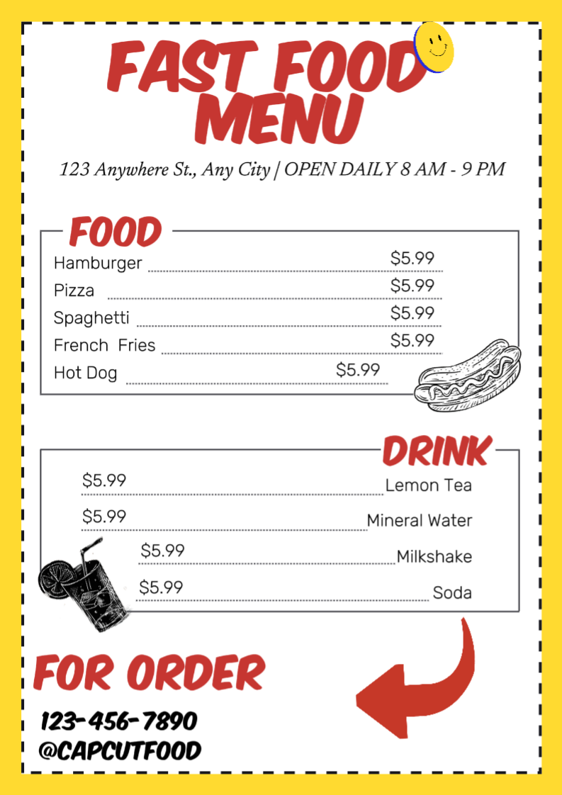 Yellow Playful Fast Food Menu