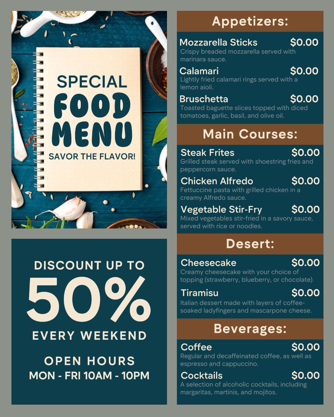 Menu de comida de restaurante post instagram