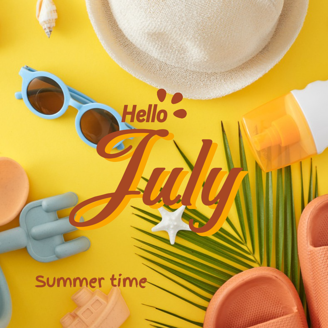 HELLO JULY SUMMER TIME CREATIVE POSTER INSTAGRAM POST YELLOW BROWN THEME