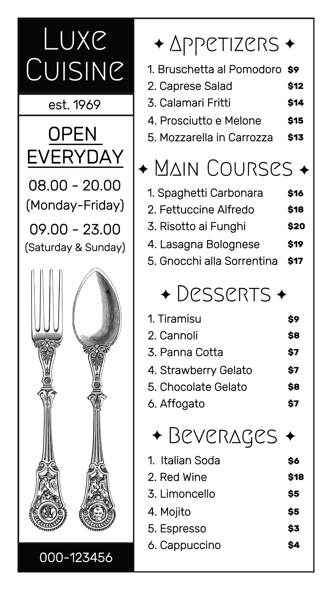 food and beverage italian restaurant menu