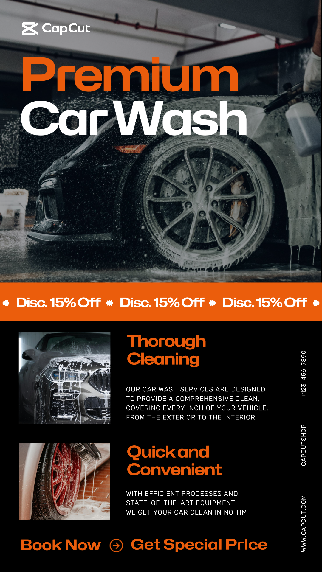 Cartel de marketing de coches Lavado de coches Historia de Instagram Negro Naranja