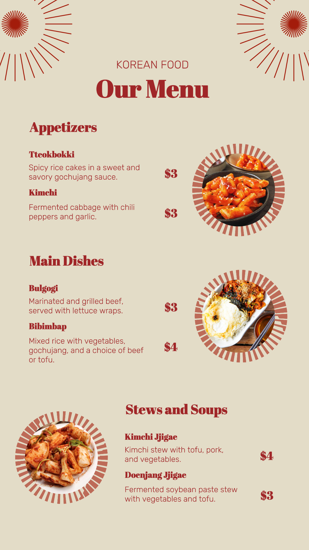 Alimentos e bebidas Menu de comida coreana