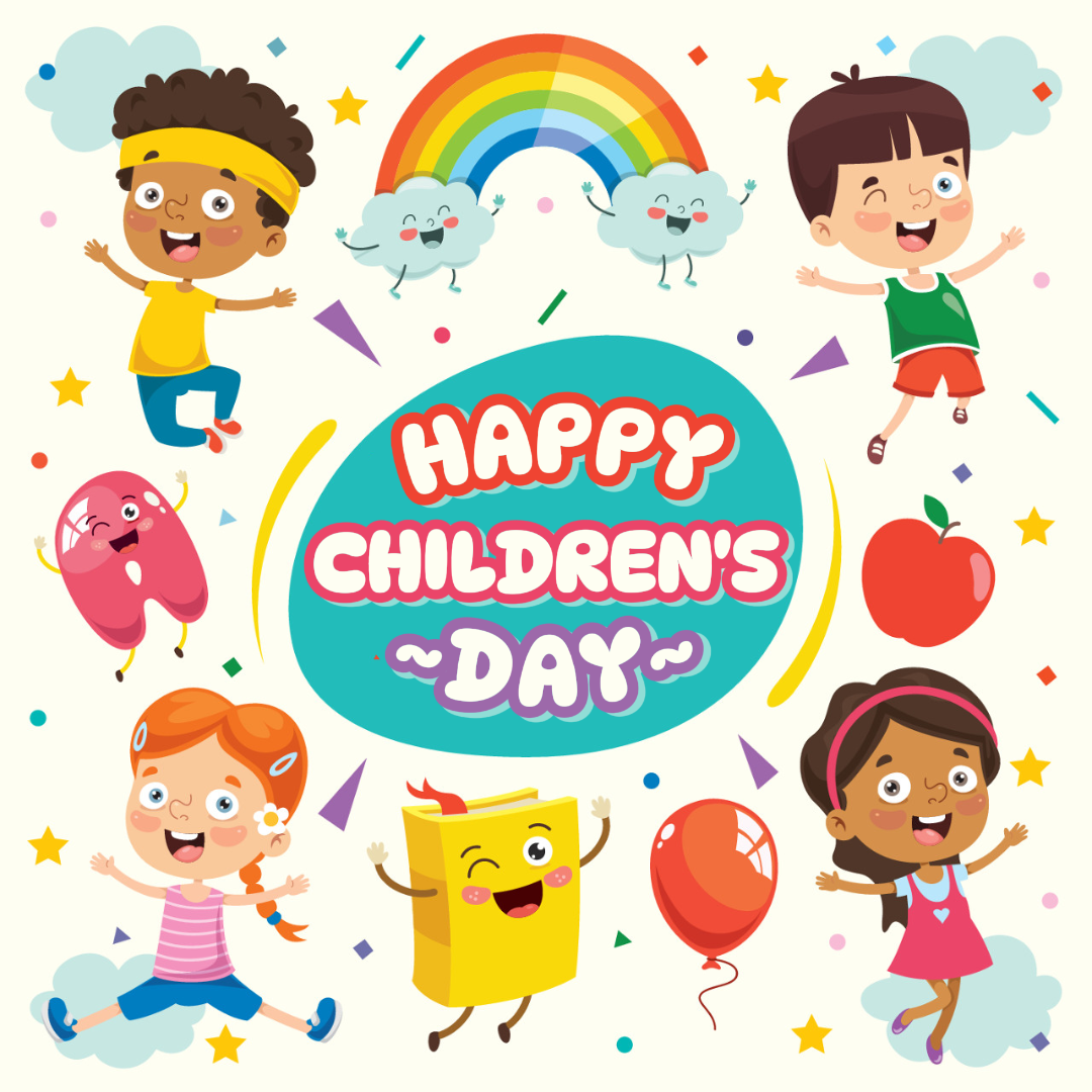 Affiche créative de la journée des enfants saluant le post Instagram dessin animé de couleur bleu rose blanc jaune