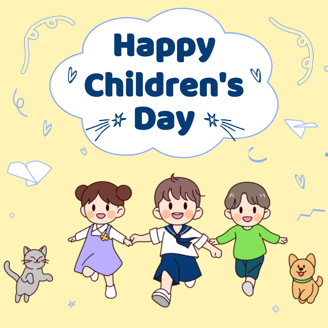 Kindertag Kreatives Poster Gruß Instagram Post Gelb Blau Weiß Farbe Cartoon