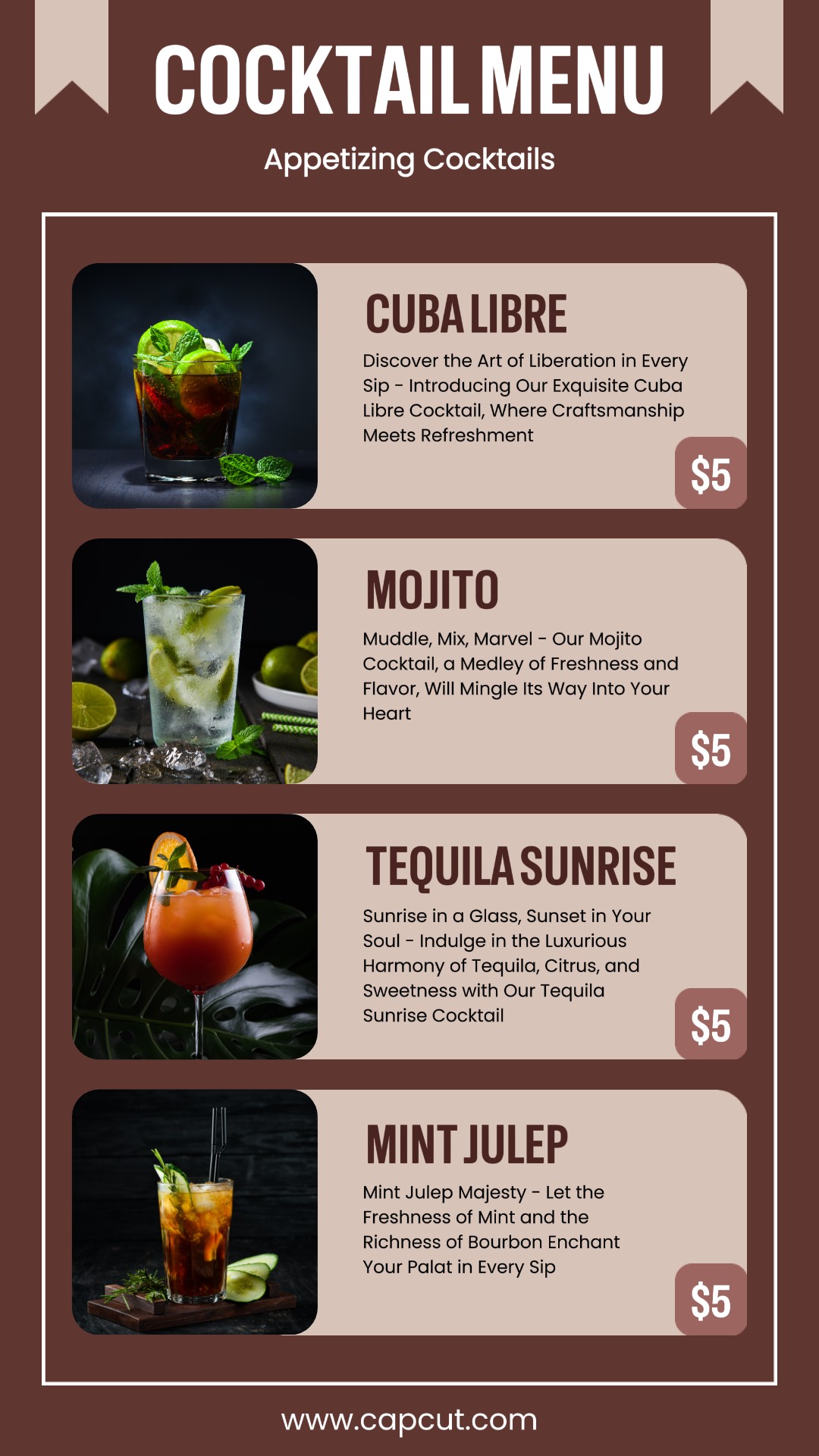 Pantalla de menú de cócteles Historia de Instagram