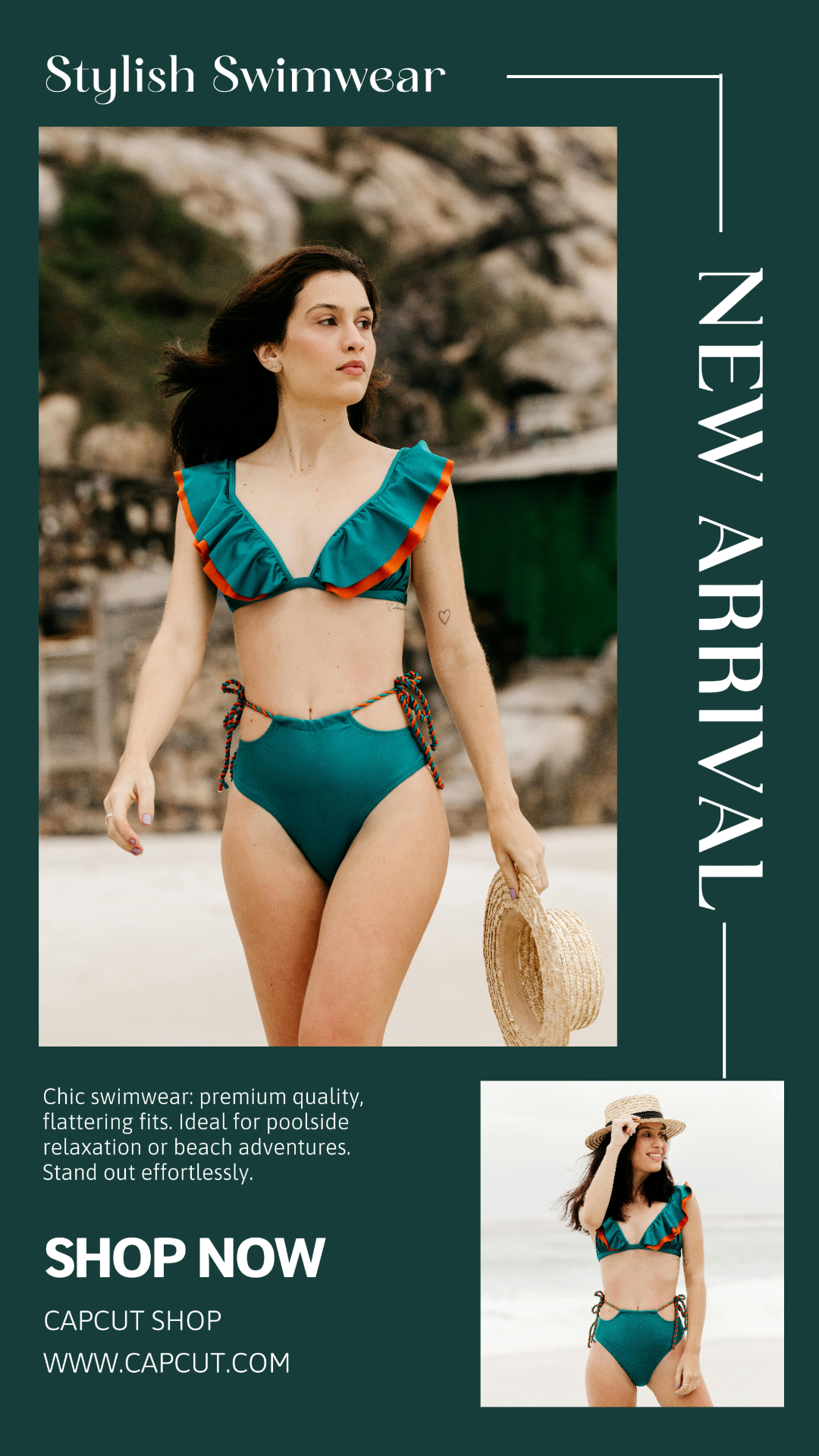 Cartel de marketing de ropa y zapatos Historia de Instagram Nueva llegada Traje de baño Verde