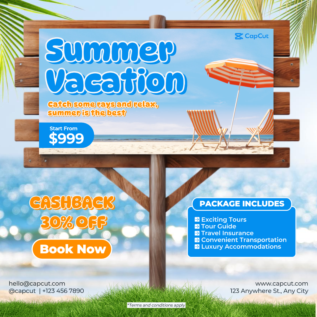 Promoción De Vacaciones De Verano Instagram Post con Letrero De Madera Concept Blue Beach Tone Color