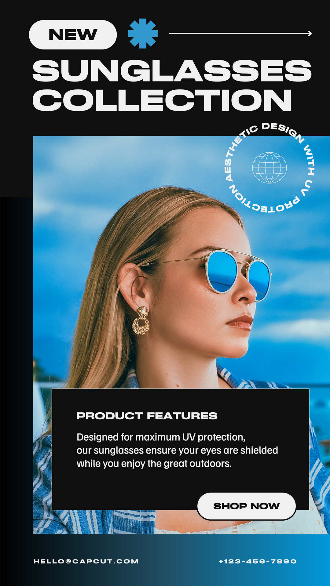 Pôster de marketing de roupas Nova coleção de óculos de sol Exibição de produto azul escuro gradiente