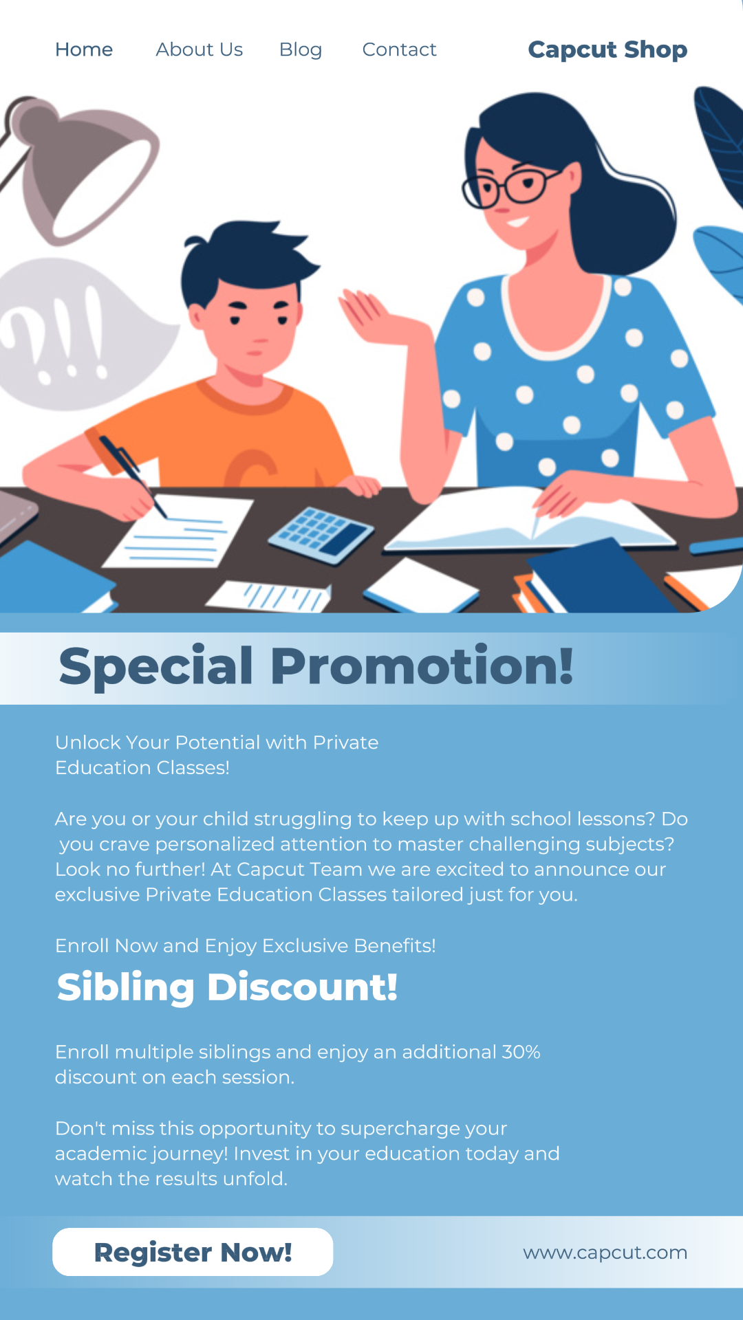 Educación y formación Promoción de clase privada Historia de Instagram Ilustración azul