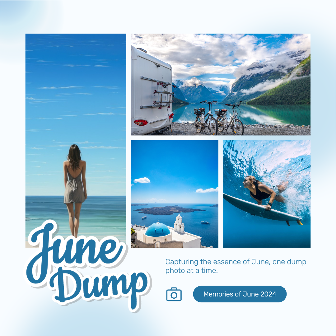 Collage minimaliste affiche créative post instagram album photo personnel juin dump bleu