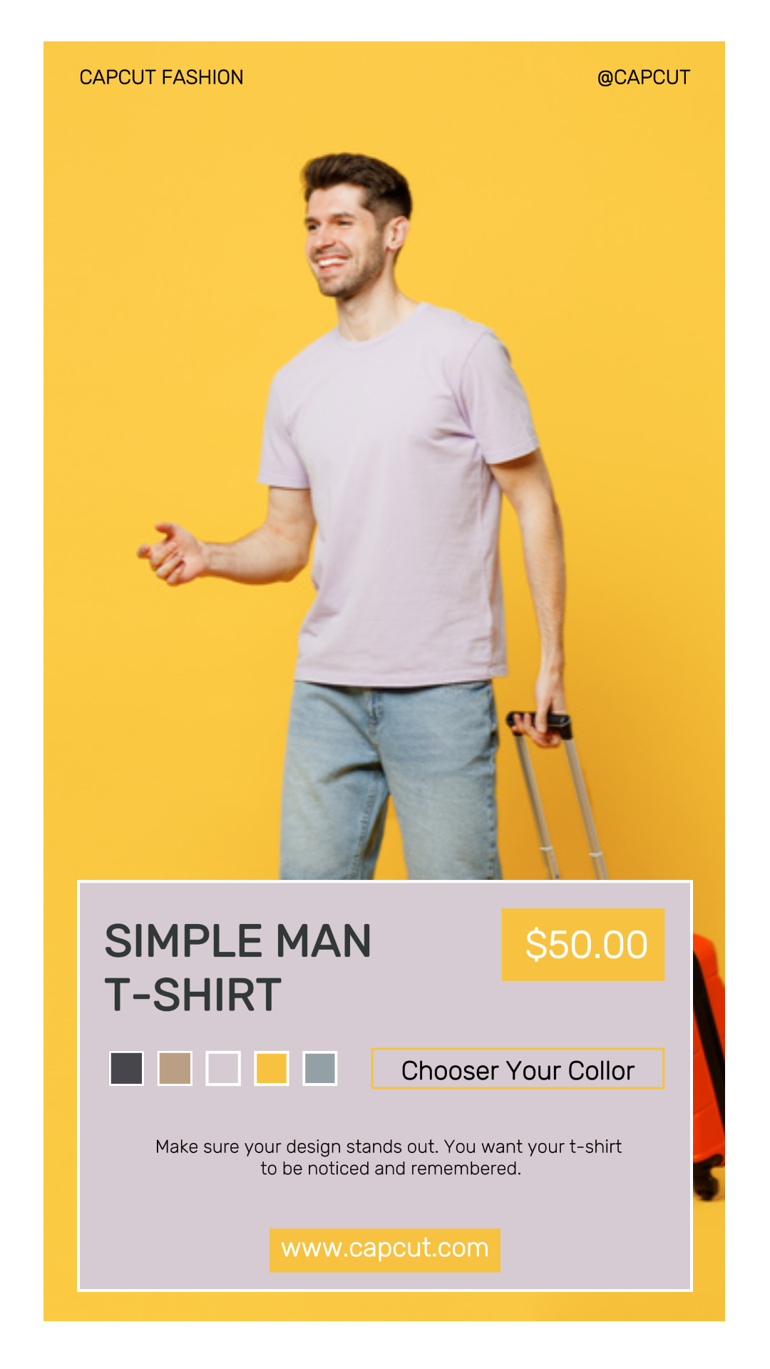 Pôster de marketing de roupas e sapatos Venda de camiseta masculina simples Estilo moderno Instagram Story Yellow