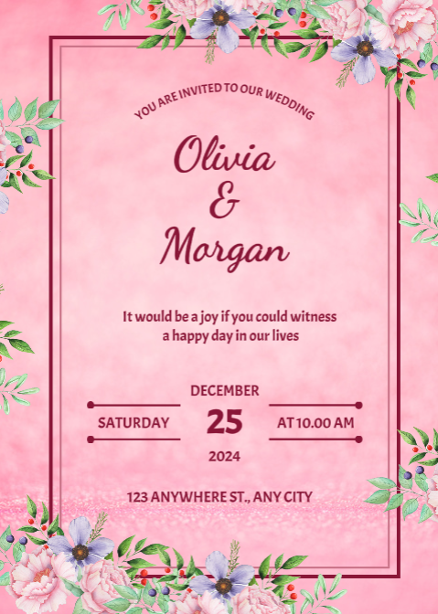 Non-marketing wedding invitation pink with flower