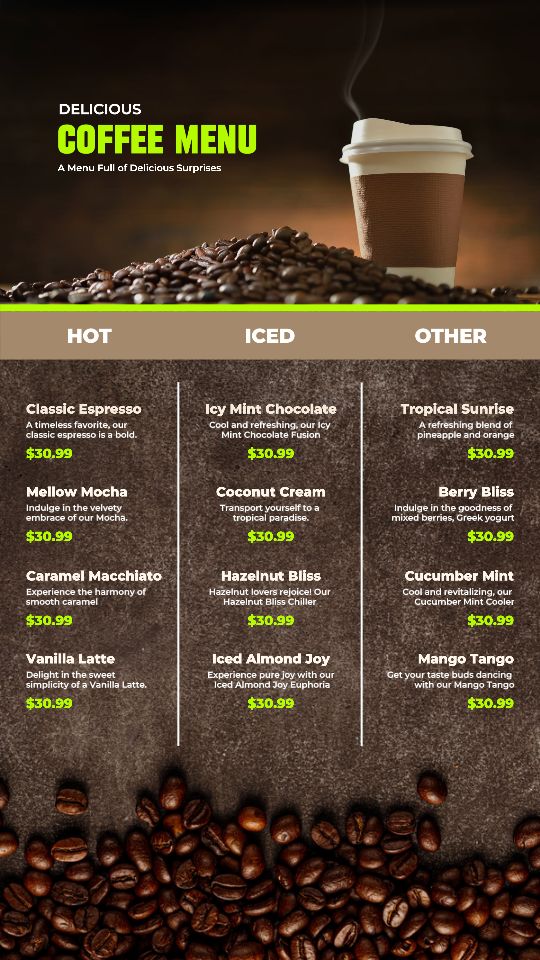 Menú de café moderno para la historia de Instagram