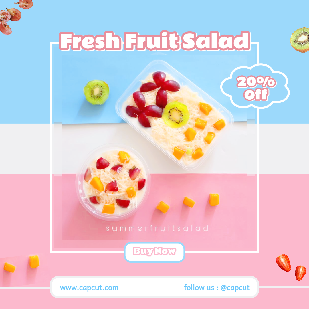 Promosi - Makanan - Salad Buah Segar Gaya Biru Merah Muda