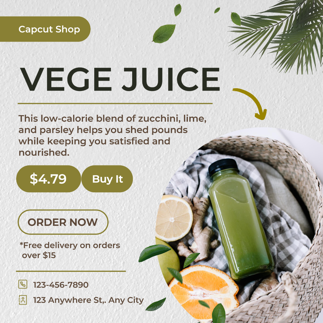 Affichage de produits alimentaires et de boissons Vege Juice Instagram Post Style biologique Blanc Vert