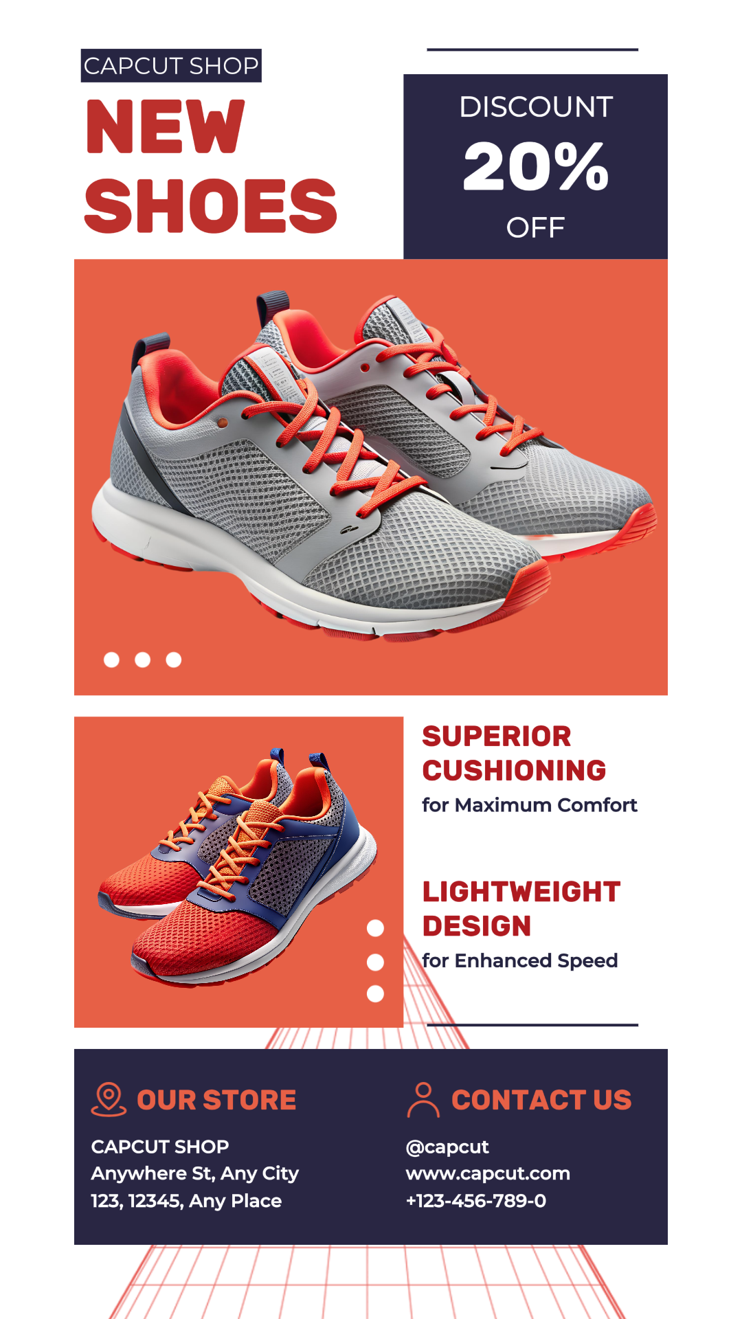 Poster Pemasaran Pakaian dan Sepatu Promo Instagram Story Shoes Orange Navy