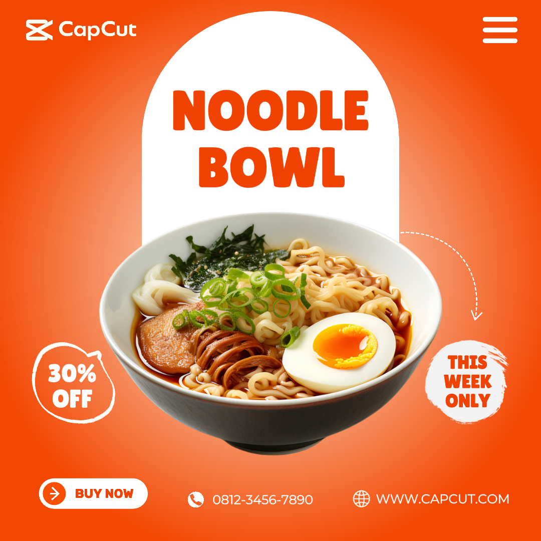 Noodle Bowl Menu Announcement Poster Menu Instagram Post Orange and White