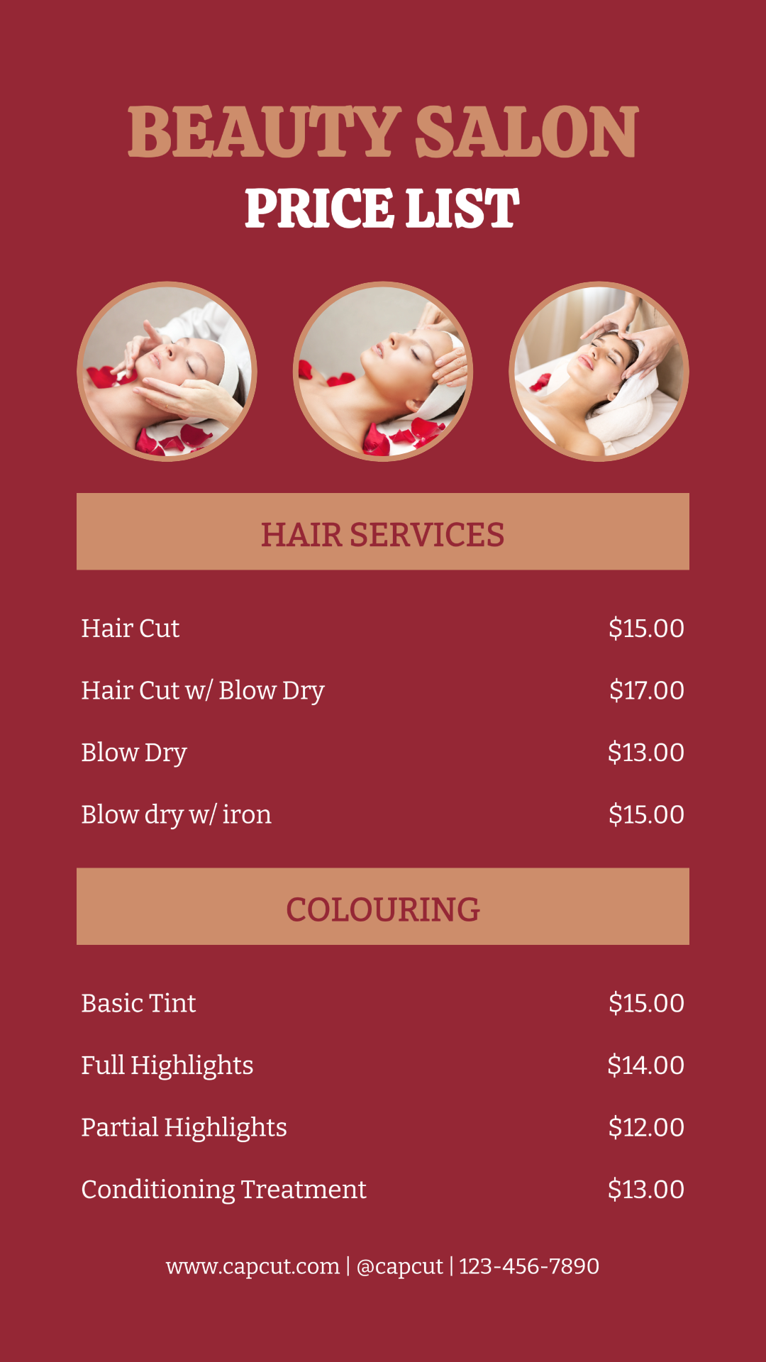 Lista de preços do salão de beleza História do Instagram