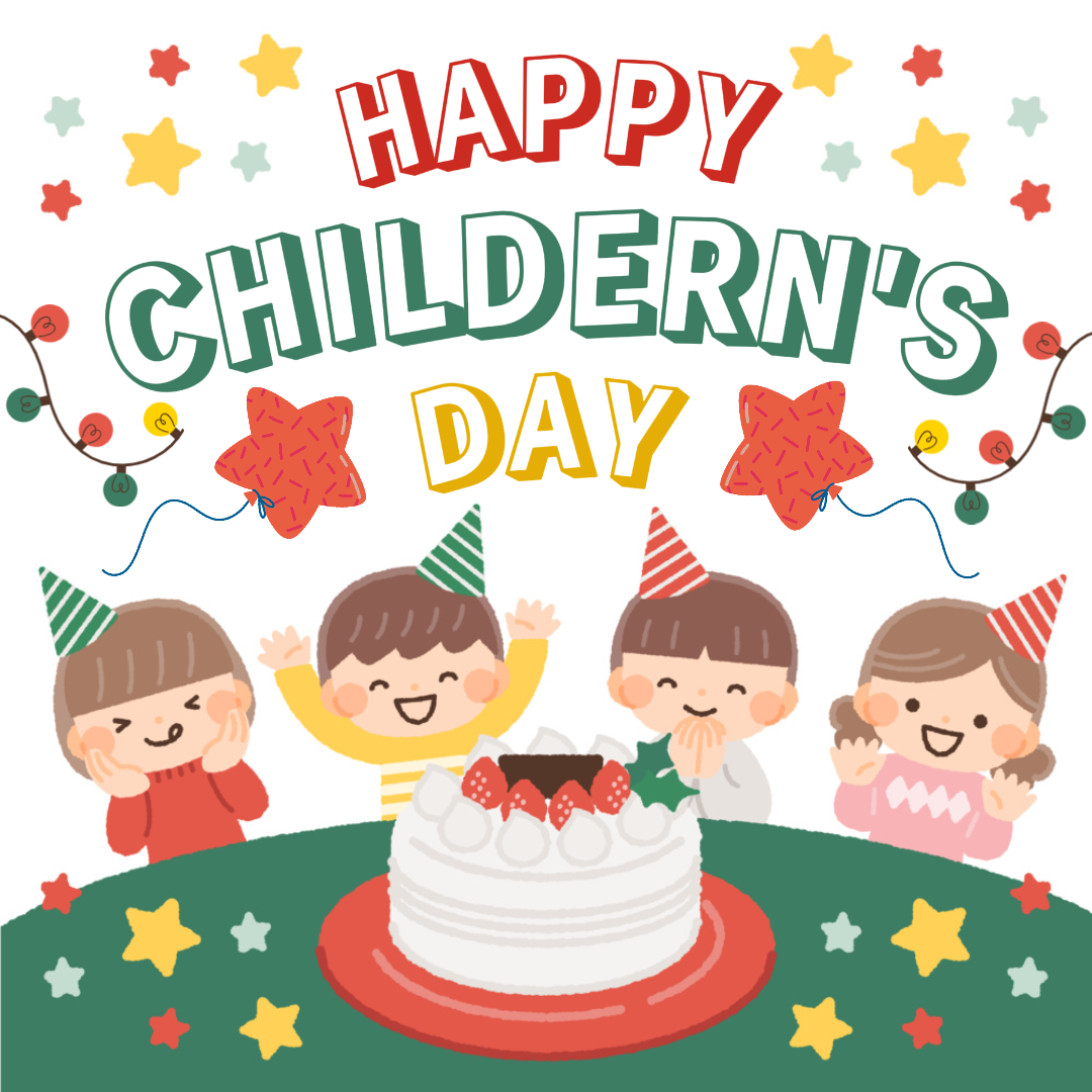Children's Day Creative Poster Greeting White Green Red Yellow Color Cartoon