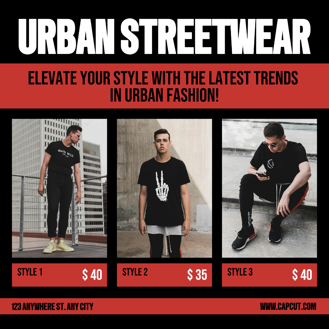 Pôster de marketing de colagem minimalista Instagram Post Roupas Urban Streetwear Preto Vermelho