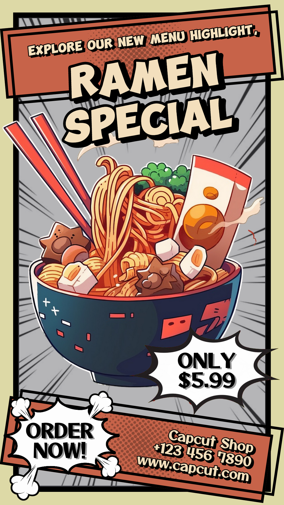 Affichage de l'histoire Instagram du marketing alimentaire - Style de bande dessinée spécial Ramen