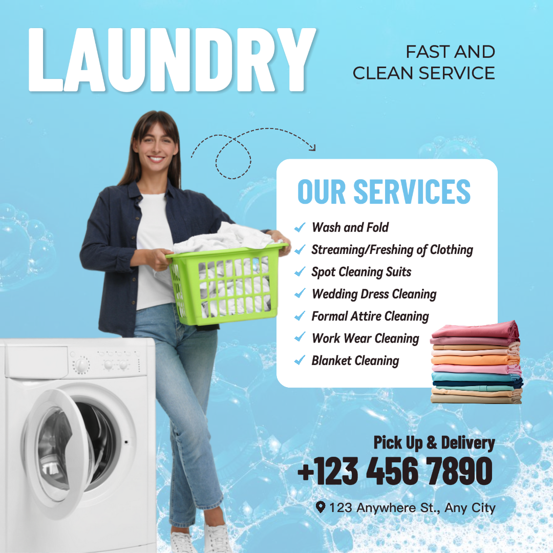 Marketing Poster Life Services Laundry Fast And Clean Service Product Display Blue Minimalist 