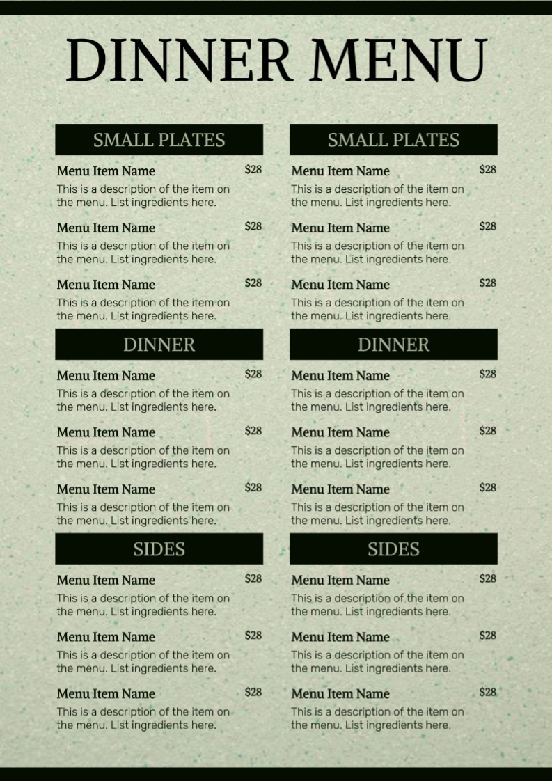 Non-marketing Menu Dinner Menu