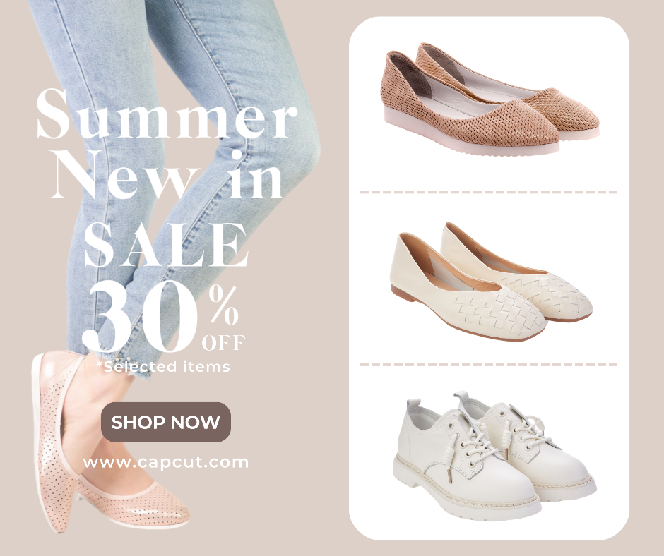 Summer Sale Marketing Poster Display Products Promoção Sapatos Facebook Post Branco e Castanho 