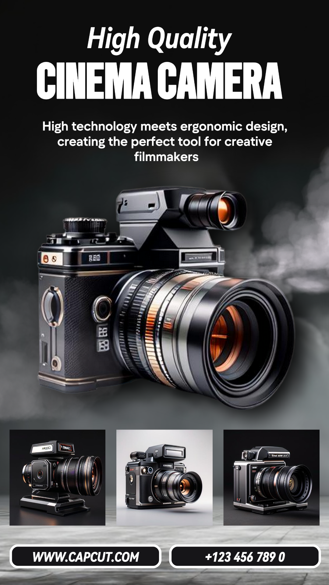 Electronic, Elegant minimalist black cinema camera with four photos, Instagram Story