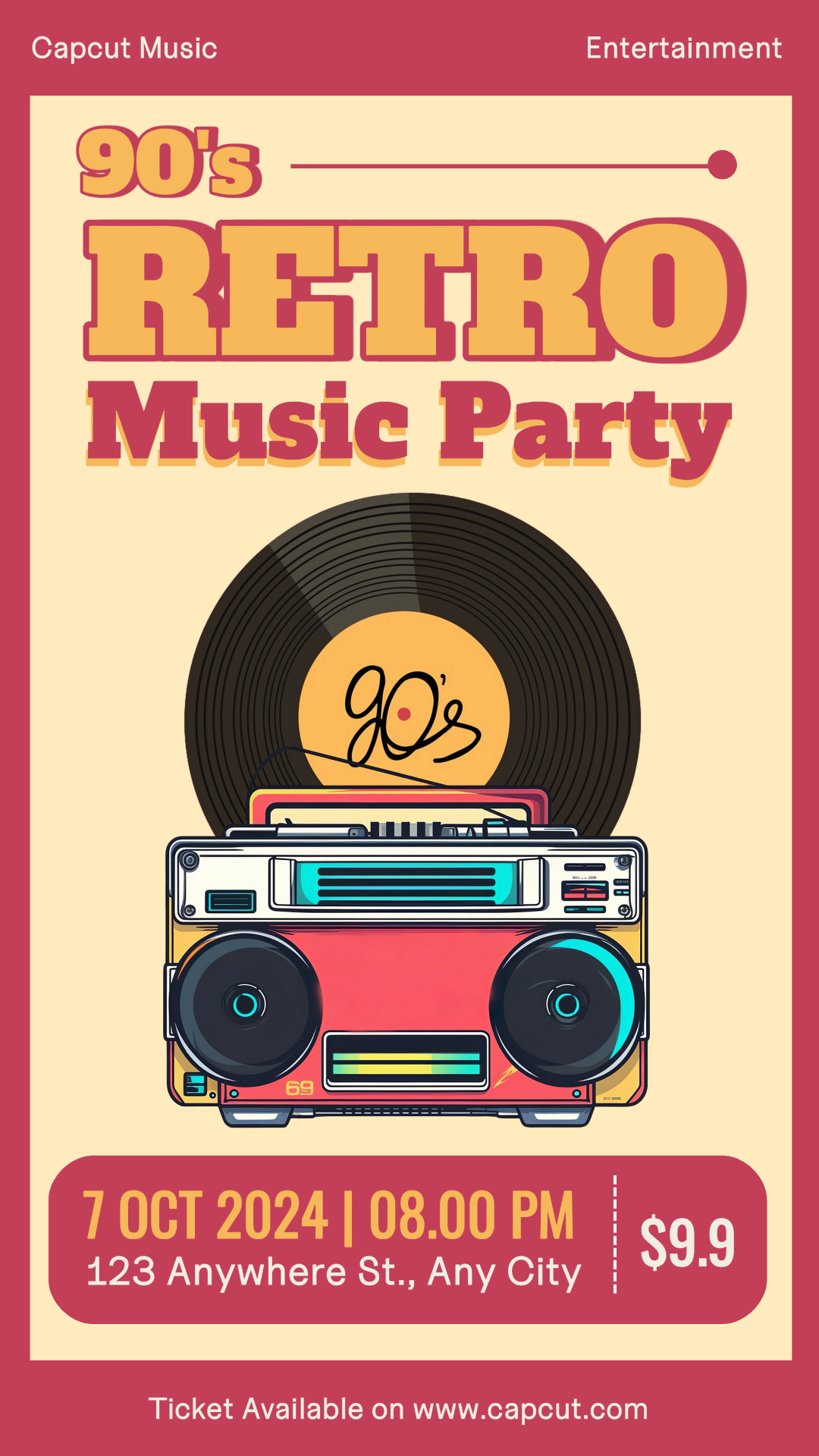 Entretenimento Anos 90 Retro Music Party Instagram Story Red Beige
