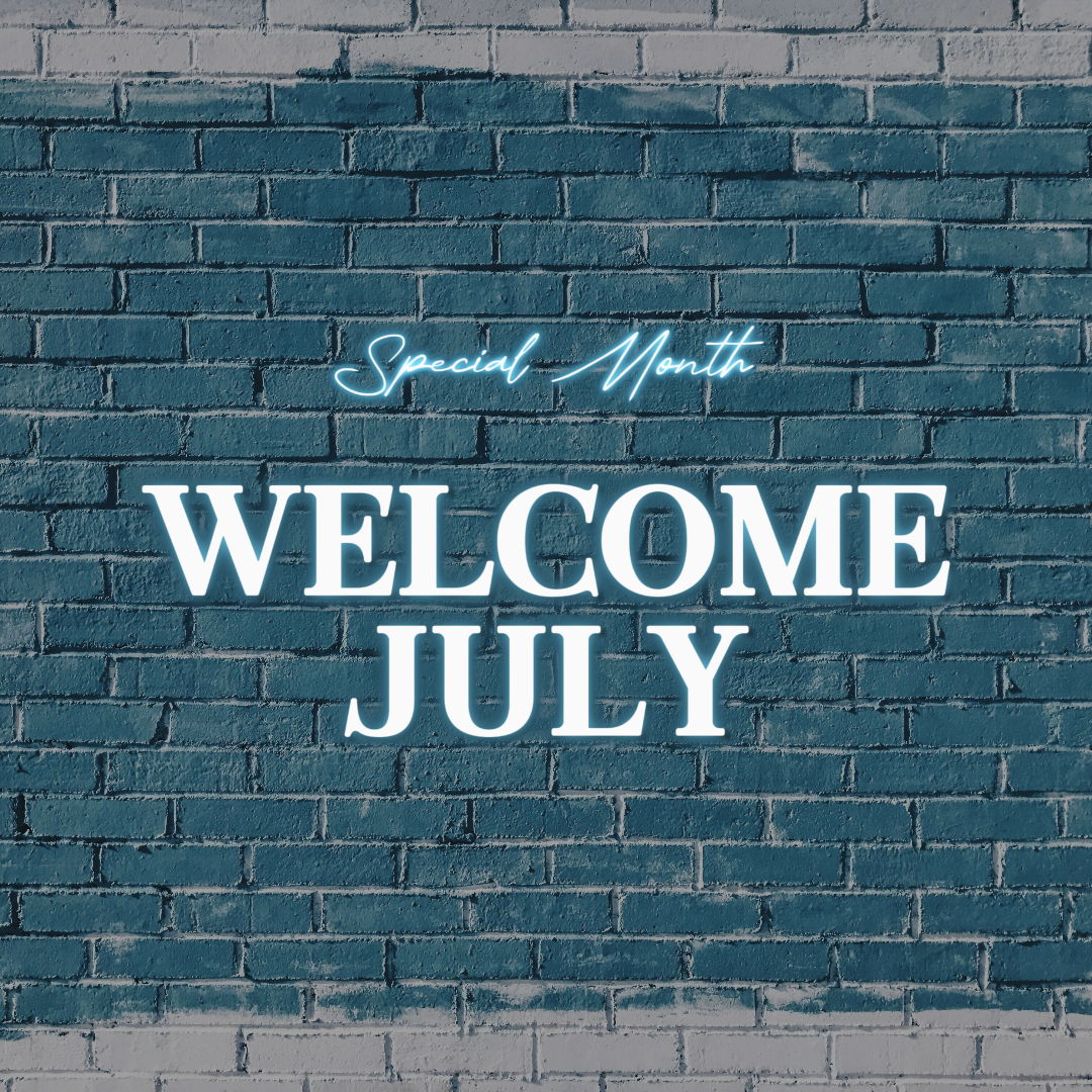 Olá julho Poster criativo Instagram Post Bem-vindo julho Glow Blue