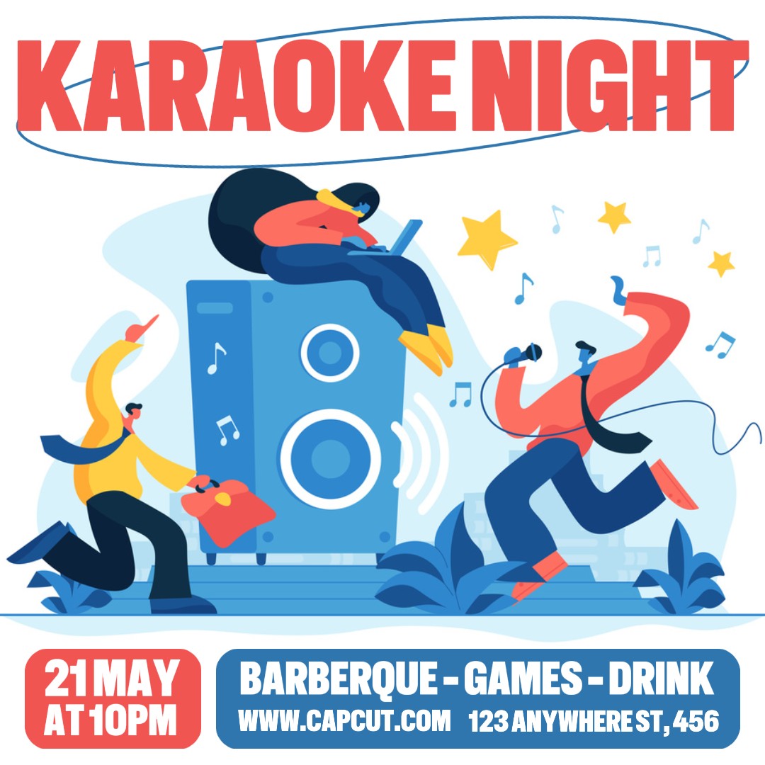 Karaoke Night Event Instagram Post Weiß Blau Rot Flach Modern