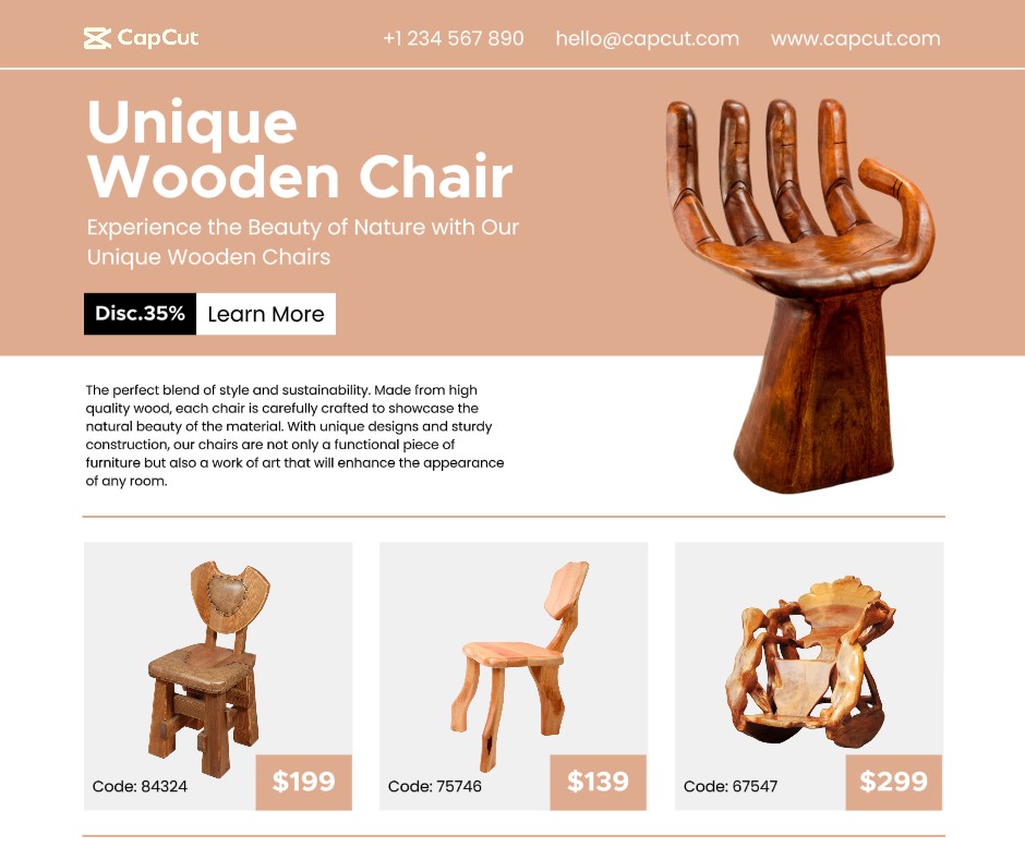 Publicación de Facebook de exhibición de producto de silla de madera única