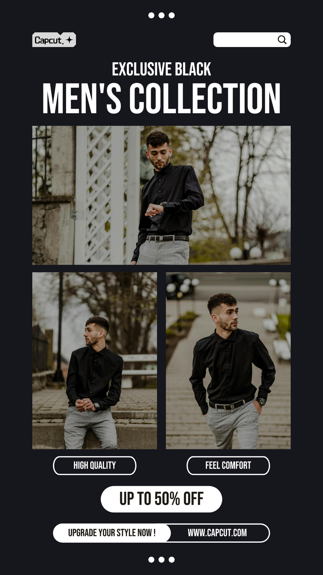 Affiche marketing de collage minimaliste instagram story vêtements et chaussures mode homme noir blanc