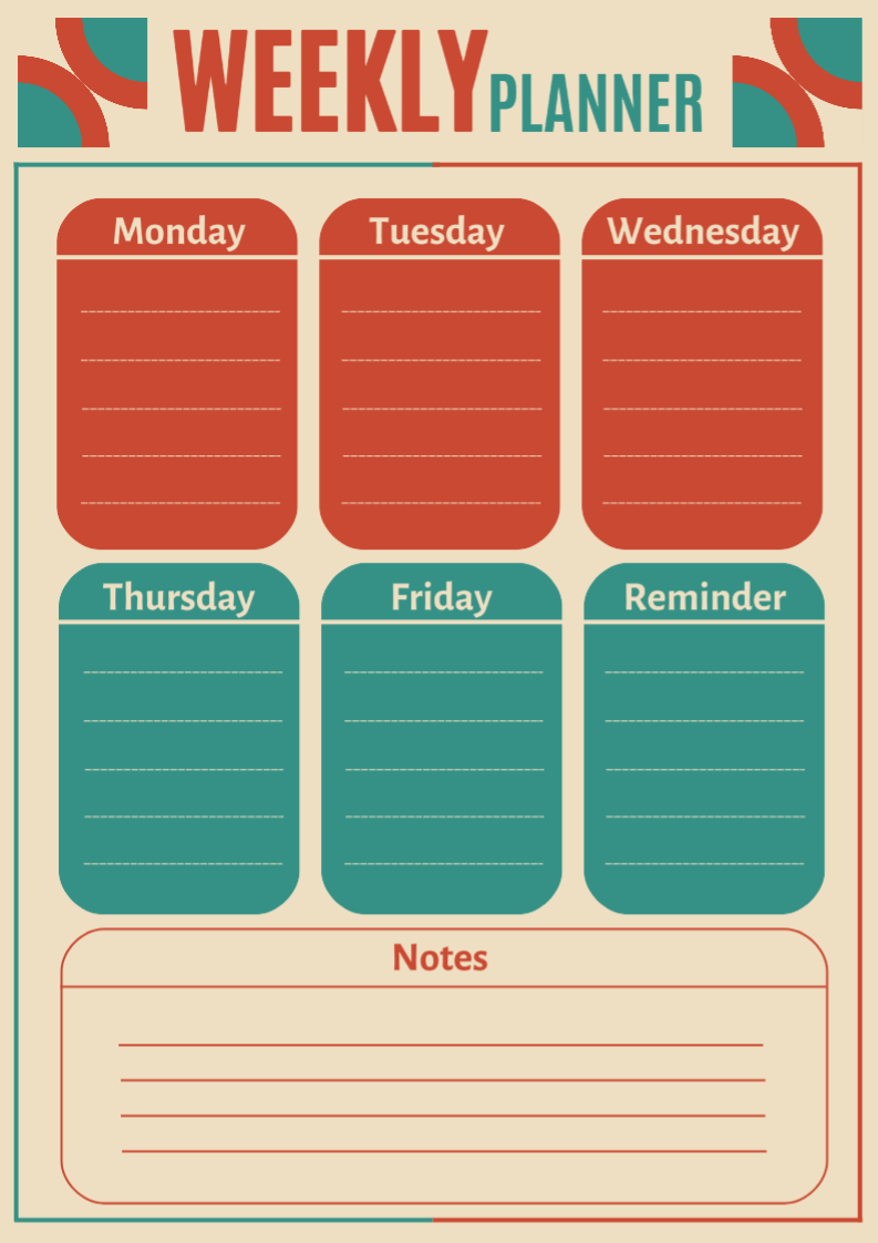 Planificador semanal tema rojo verde