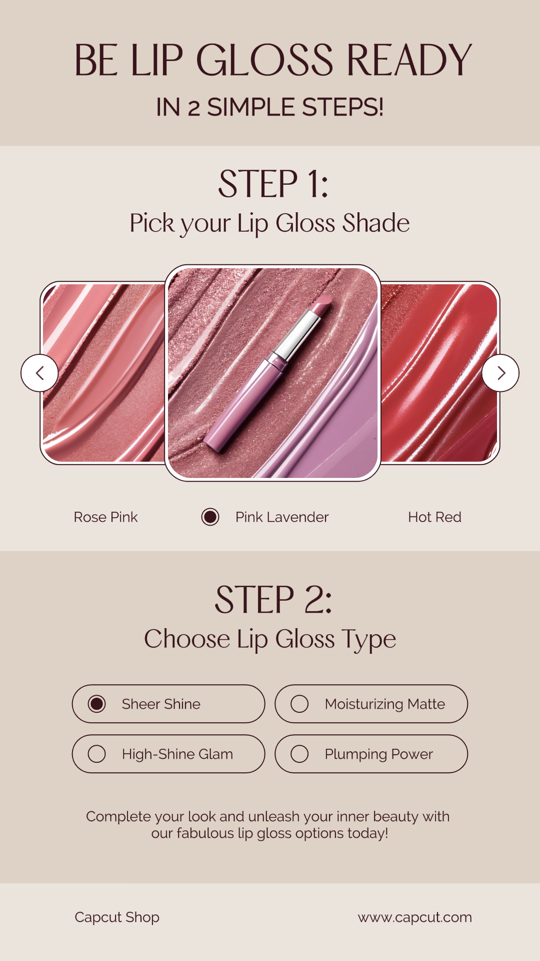 Beauty Care Marketing Poster Lip Gloss Options Instagram Story Delicate Style