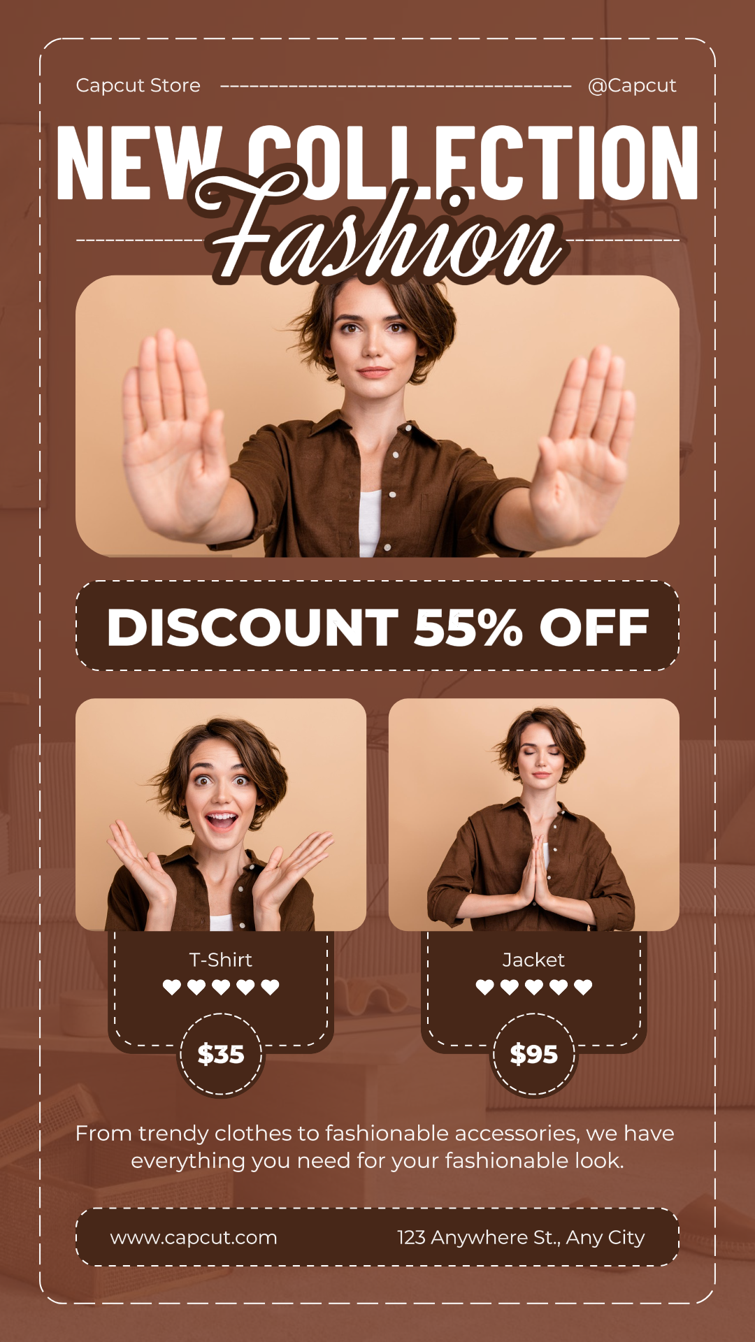 Minimalistische Collage Marketing Poster Instagram Story Kleidung und Schuhe Braun