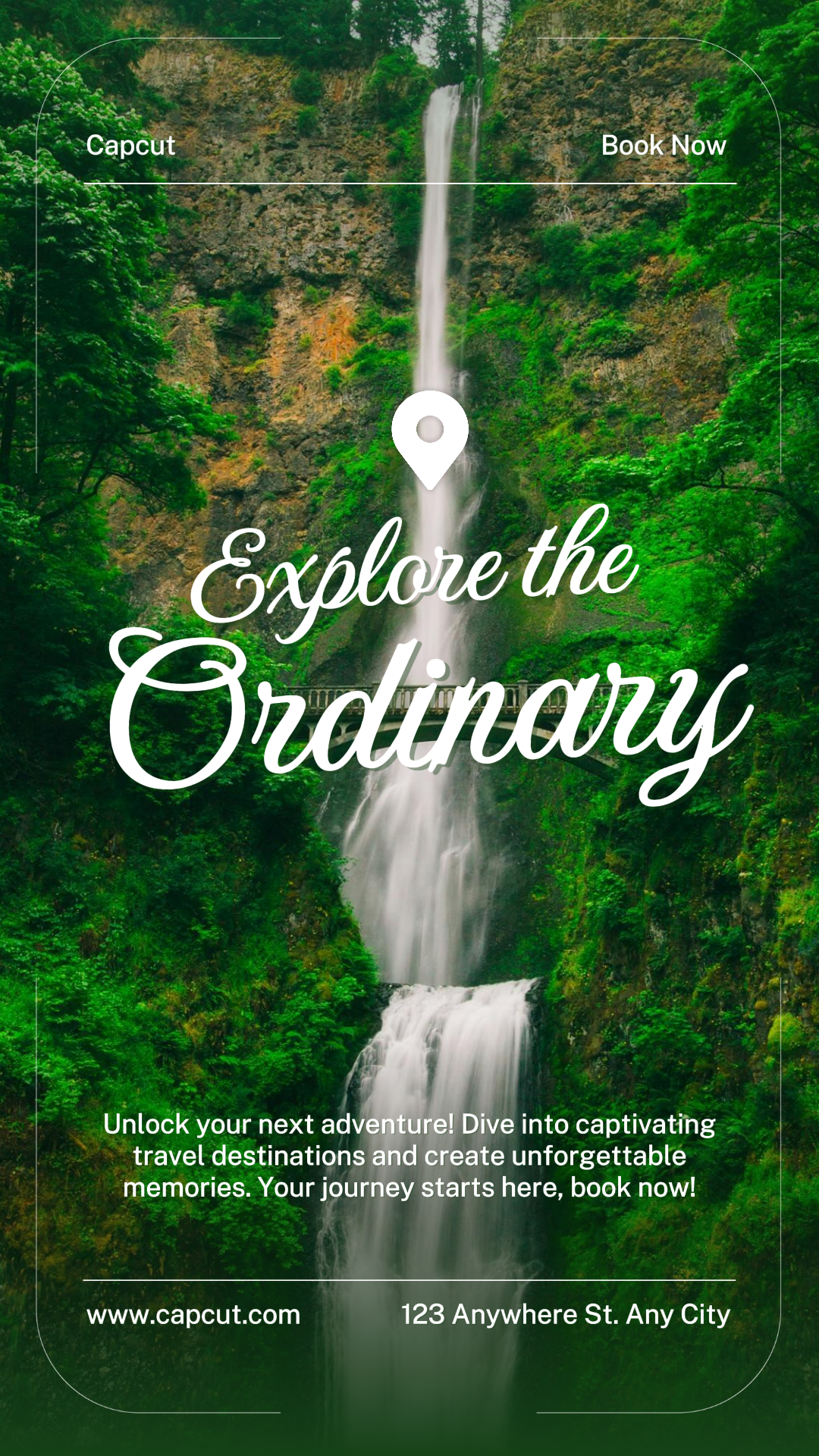 Cartel de marketing de viajes TikTok Naturaleza Cascada Puente Pantalla